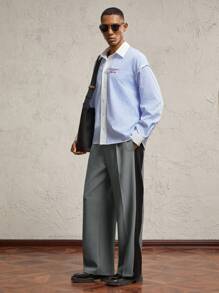 AKNOTIC Business Casual Pantalones casuales rectos relajados con cintura elástica y parches en gris y negro, uso diario, decoración con letras y metal, oficina