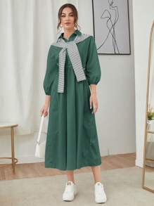 Mulvari Women's Plain Color Splicing Long Sleeve Casual Long Dress