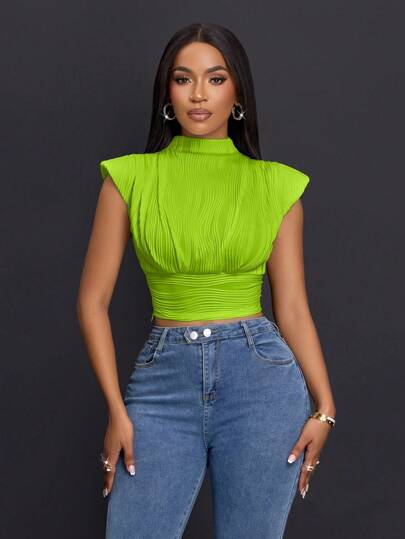 SOLERSUN Women's Fashionable Elegant Women's White Solid Color Stand Collar Pleated Tank Top