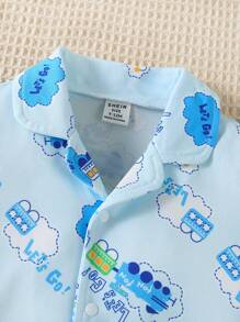 Baby Boy Cartoon Print Short Sleeve & Long Pants Pajama Set - Blue - View 4