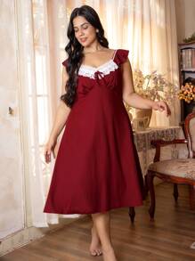 Côtesoire Plus Size Casual Lace Patchwork Nightgown - Red - View 4