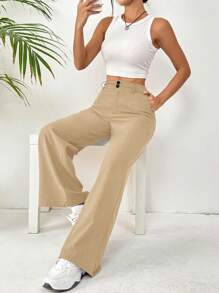 Flirla Front Button Pockets Trousers, Casual Wear For Daily Life