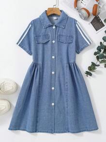 SHEIN Explorewe Tween女孩前扣拼接短袖口袋牛仔洋裝，淺藍色，秋季休閒校園開學牛仔裙 - 藍色 - 查看 2