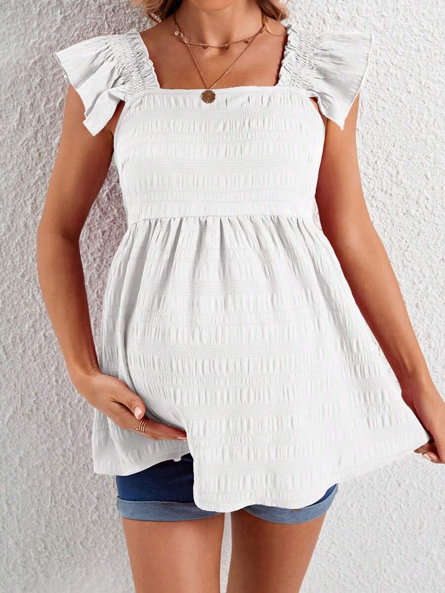 SHEIN Young Casual Ruffle Square Neck Loose Long Maternity Top - White - View 1