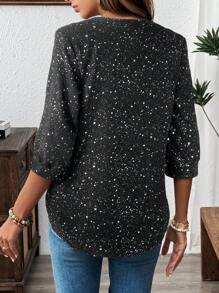 SHEIN LUNE بلوزة نسائية أنيقة مطبوعة بالورق المقوى، مع طوق منحدر الأكمام متوسطة الطول، مناسبة للمكتب والتنقل والحفلات - الذهبي - مشاهدة 2
