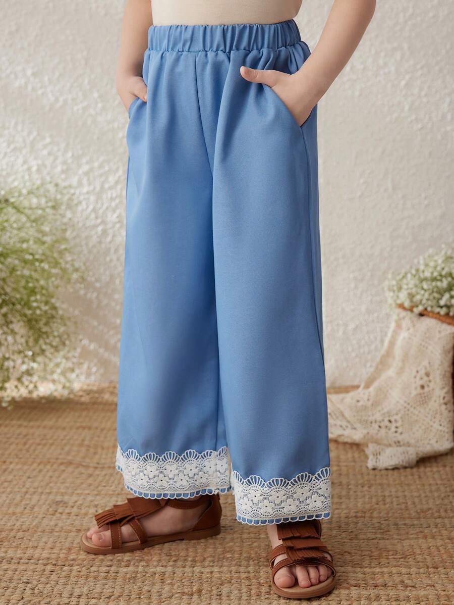 Blossori Quần denim ống rộng cạp chun co giãn viền ren màu xanh thanh lịch cho bé gái, mùa xuân/hè - Màu xanh lam - Xem 1