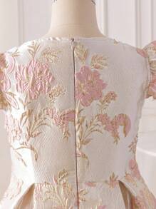 SHEIN Glamorique Kids Váy tay lửng jacquard thanh lịch cho bé gái tuổi mới lớn, phù hợp để mặc hàng ngày, dự tiệc, tụ tập, thể hiện sự duyên dáng và thanh lịch cho bé gái, váy tiệc trà mùa xuân/hè - Màu Đỏ Sâu - Xem 3