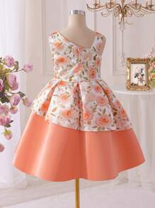 SHEIN Glamorique Kids Tween Girls Elegant Satin Floral Print Sleeveless Summer Princess Dress, Suitable For Daily, Party, Meeting, Displays Graceful, Innocent & Vibe
