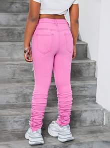 SHEIN Leggings de mezclilla rosa ajustados y rasgados de longitud hasta el tobillo con efecto amontonado, para niñas preadolescentes - Conjunto de ropa para primavera, verano, vacaciones y festivales