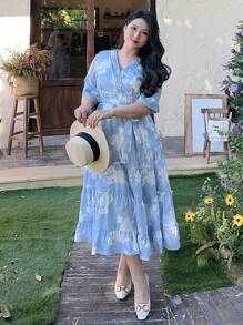 Dazy Petite Plus Plus Size Blue Floral Print V-Neck Cinched Waist Long Dress, Spring/Summer - Blue - View 7