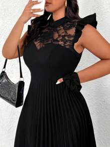 Elenzga 大码女式优雅浪漫撞色蕾丝立领盖袖 A 字形连衣裙 - 黑色 - 查看 3