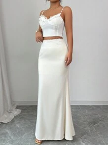 Elenzga Simple & Elegant Satin Lace Women's A-Line Skirt, Romantic
