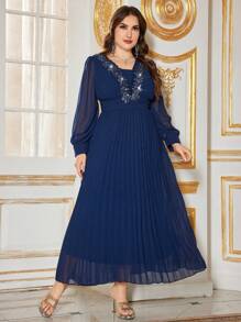 Modelyn Đầm nữ sang trọng thanh lịch cổ dài tay thêu ngọc trai xếp ly cao cấp - Màu xanh hải quân - Xem 2