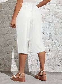 EMERY ROSE 加大码纯色松紧腰口袋简约七分裤，休闲日常穿着乡村春季女装夏季女装波西米亚风女装 - 白色 - 查看 2