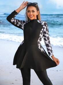 Plus Size Tropical Coconut Tree Print Long Sleeves And Long Pants Burkini Set, For Summer Beach Vacation Arabic Clothing