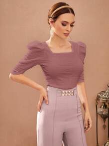 Modelyn 女士方领泡泡袖勃艮第红 T 恤 - 粉色 - 查看 5