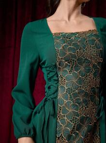 Modelyn 女士方领束腰拼布花卉中长连衣裙 - 綠色 - 查看 1