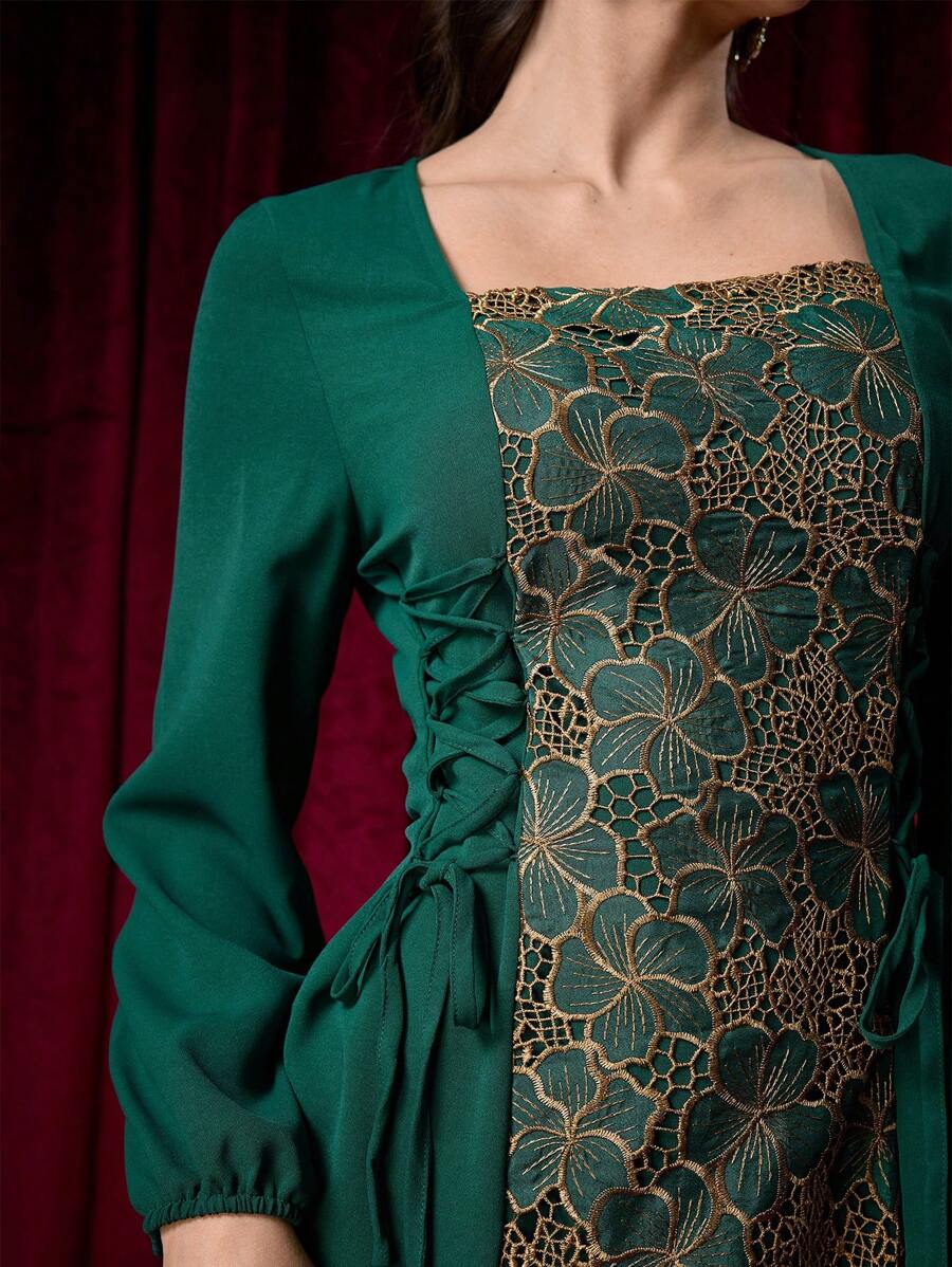 Modelyn 女士方领束腰拼布花卉中长连衣裙 - 綠色 - 查看 1