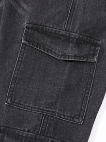 SHEIN Tween Girls' Y2K Streetwear Style Multi-Pocket Drawstring Waist Faded Light Blue Cargo Denim Jeans - Black - View 5