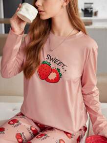 Women's Casual Fashion Strawberry Print Long Sleeve Pajama Set - Pink - View 5
