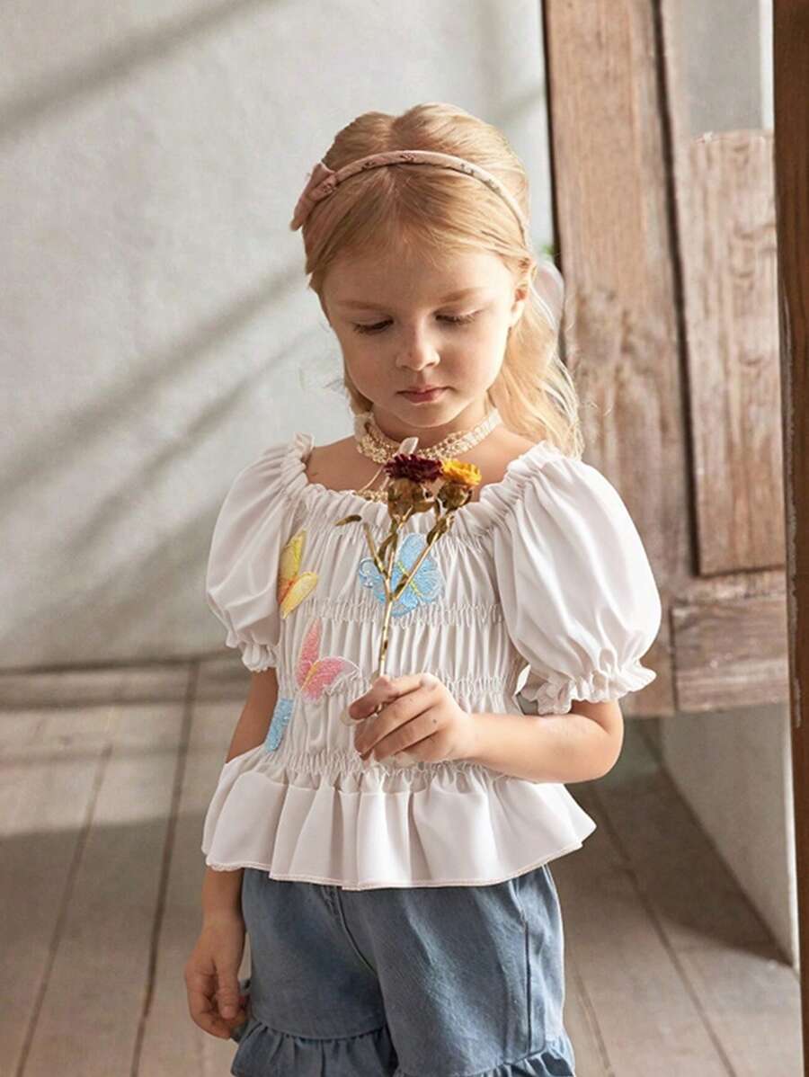 SHEIN Young Girls Cute Puff Sleeve Butterfly Decoration Blouse Top, New Spring/Summer Design