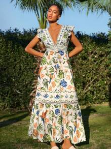 Travachic Women's V-Neck Tropical Floral Print Ruffle Sleeve Casual Vacation Dress,Casual Holiday Wear,Summer Outfits For Women