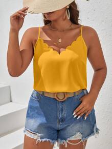 SHEIN Frenchy Plus Size Solid Color Spaghetti Strap Casual Shell Trim Tank Top - Yellow - View 6