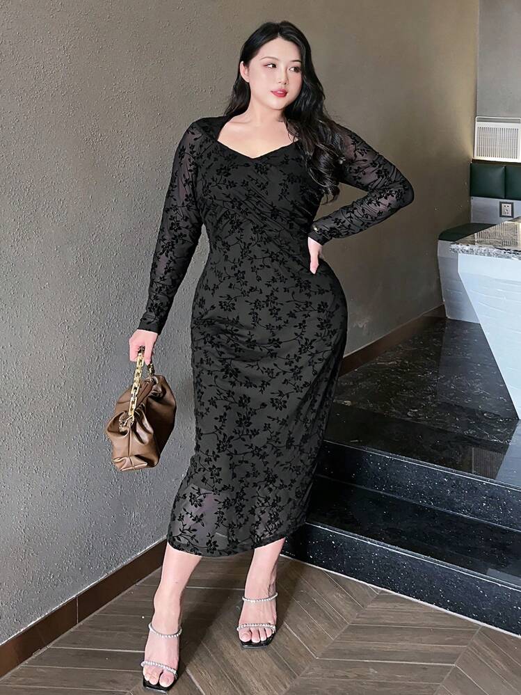 Dazy Petite Plus Plus Size Flocked Print & Mesh Splice Wrap Elegant Long Dress, Black, Spring/Fall 90s Clothes Floral Long Sleeve Dress - Black - View 5