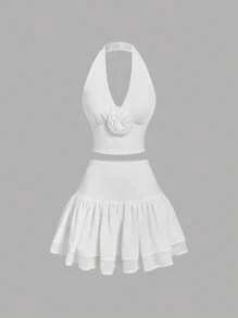 SHEIN MOD Women's White Summer Elegant Vacation Holiday 3D Floral Halter Neck Scalloped Top And Ruffle Mini Skirt Set,Resort Bohemian Tea Party Cruise Wear - White - View 1