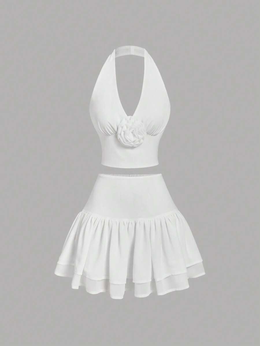 SHEIN MOD Women's White Summer Elegant Vacation Holiday 3D Floral Halter Neck Scalloped Top And Ruffle Mini Skirt Set,Resort Bohemian Tea Party Cruise Wear - White - View 1