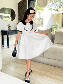 SHEIN Preteen Girls' Sweet Office Textured Fabric Collared Dress - White - View 5