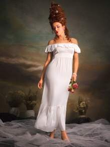White Lotus Trim Satin Plain Vintage Palace Style Nightdress For Women - White - View 7