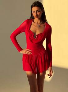 Aloruh Vestido de moda de manga larga con cuello en V y dobladillo con volantes de un solo color para mujer