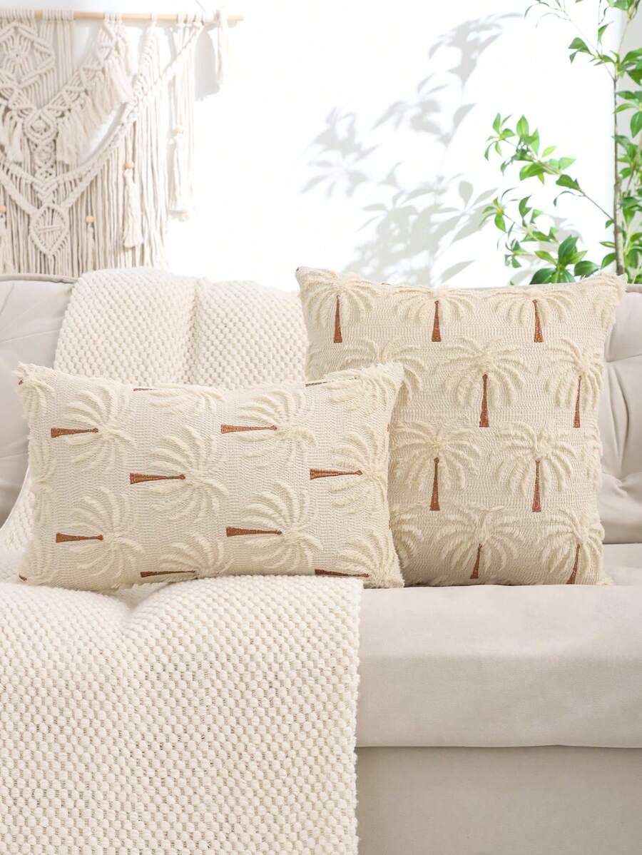 1pc/2pcs Date Palm Tree Octopus Plush Quilted Embroidered Cushion Cover, Summer Ocean Vacation Style Throw Pillow Case For Sofa, Living Room, Bedroom, Home Decor, Holiday Gift