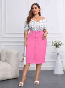 SHEIN Privé Plus Size Women's Straight Stretch Denim Skirt