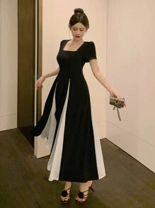 DAZY Đầm maxi nữ cổ vuông tay ngắn phối màu thanh lịch, dáng dài đến đầu gối, thích hợp cho mùa hè. - màu đen - Xem 4