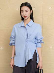 Dazy-Less Minimalist Asymmetric Button Design Solid Color Casual Long Sleeve Women Shirt,Fall Women Clothes Business Casual Woman Work Clothes - Blue - View 15