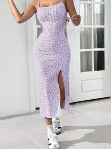 SHEIN EZwear Vestido ajustado con abertura lateral, de tirantes de espagueti con estampado floral diminuto morado, ligero, para primavera y verano
