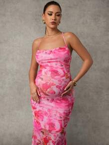 MaterniChic Elegant Floral Print Bodycon Maternity Dress - Black and White - View 5