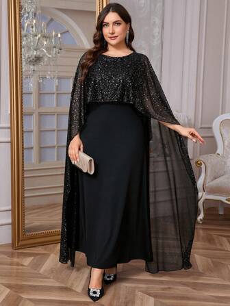 SHEIN Privé Elegant romantiskt mode för kvinnor pendla klänning i sexig stil, lämplig för fest, semester, tillbaka till skolan, romantisk dejt, bröllop och födelsedag, glänsande Cape Bodycon Maxi svart klänning