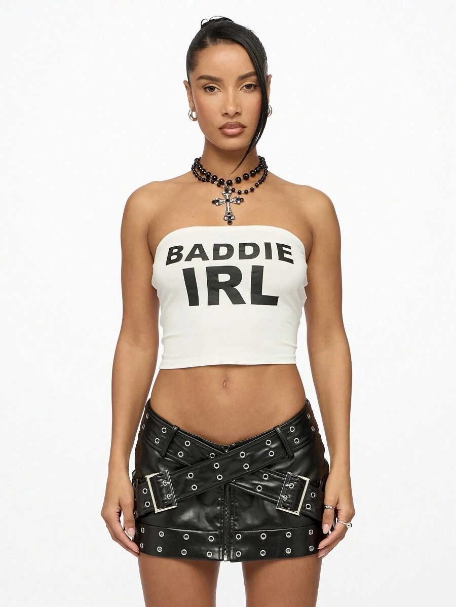 SUMWON WOMEN Edgy Baddie IRL 无肩带短款上衣抹胸式街头时尚哥特式 Y2K 美学节日俱乐部派对舞蹈服 - 白色 - 查看 1