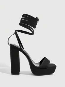 CUCCOO LuxiPop 女士时尚黑色面料系带性感厚底粗高跟凉鞋，适合约会、聚会、派对、节日