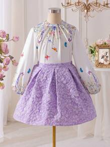 SHEIN Tween Girls Fashionable Jacquard Puff Sleeve Top Paired With Jacquard Mini Skirt, Suitable For Spring/Summer Casual, Party, Gathering To Showcase Tween Girl's Innocent, Stylish And Elegant Elegant