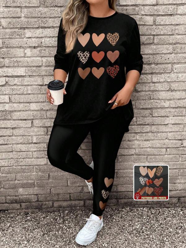 SHEIN LUNE Conjunto de 2 piezas de Camiseta de manga larga y pantalón de yoga con diseño de corazón de talla grande para mujer, Outfit casual de otoño/invierno y Navidad para ropa de mujer