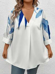SHEIN CURVE+ Fashionable V-Neck Short Sleeve Printed Blouse - Multicolor - View 3