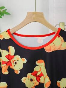 Tween Girl Bear Print Long Sleeve Round Neck Casual Top And Pants Pajama Set, For Christmas