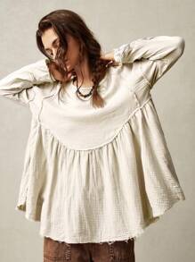 Bohemela 度假纯色梭织宽松长袖女式长衬衫 - 白色 - 查看 1