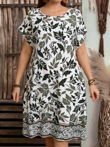 Rosumi 大码圆领短袖全印花休闲宽松迷你连衣裙 - 彩色 - 查看 4