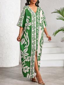 SHEIN Lady Women's V-Neck Short Sleeve Floral Print Patchwork Simple Ultra Long Dress - Green - View 4