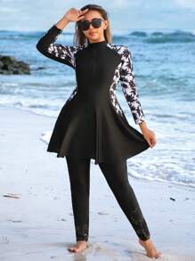Plus Size Tropical Coconut Tree Print Long Sleeves And Long Pants Burkini Set, For Summer Beach Vacation Arabic Clothing
